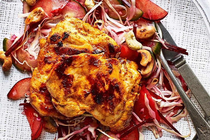 Seared sriracha chicken with pickled plum slaw