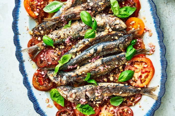 A white oval platter topped with slices of tomato and topped with grilled sardines
