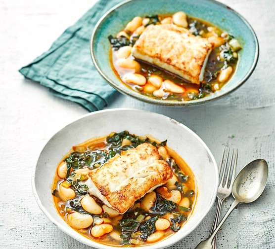 Pan fried cod with giant beans and chard