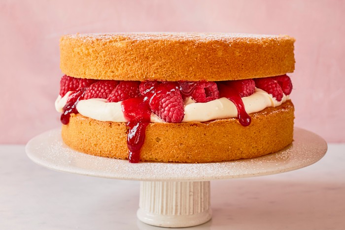 Victoria sponge cake filled with jam, fruit and cream
