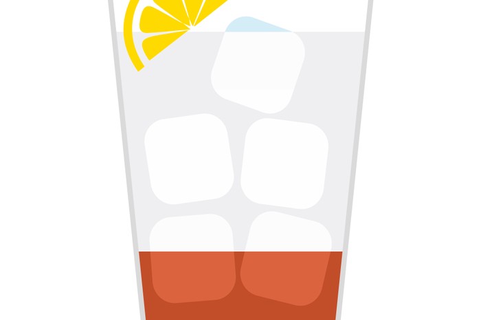 A graphic design of a dark red and white cocktail with a wedge of lemon and ice